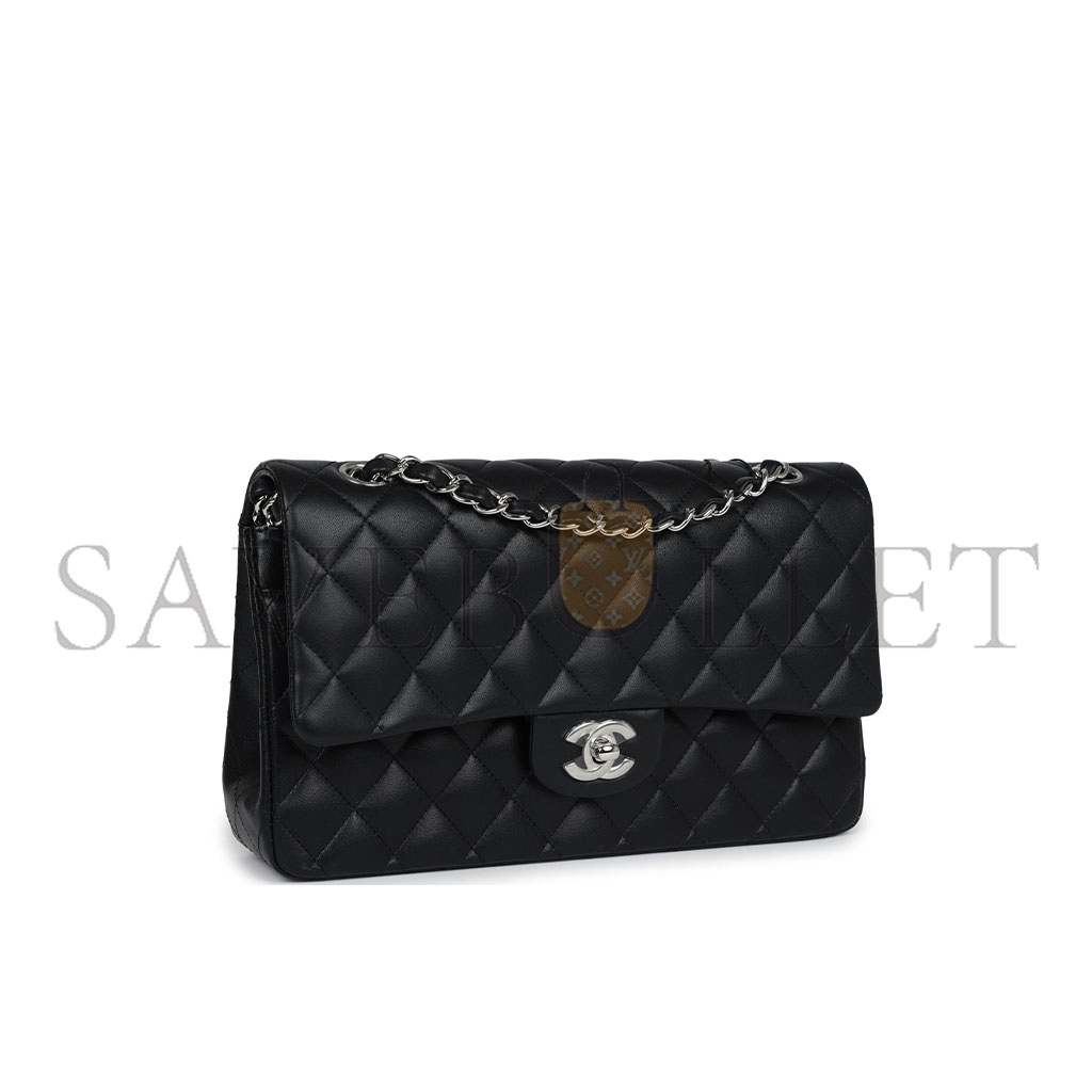 Ch*el master medium classic double flap black lambskin silver hardware a01112  (25.5*15.5*6.5cm)
